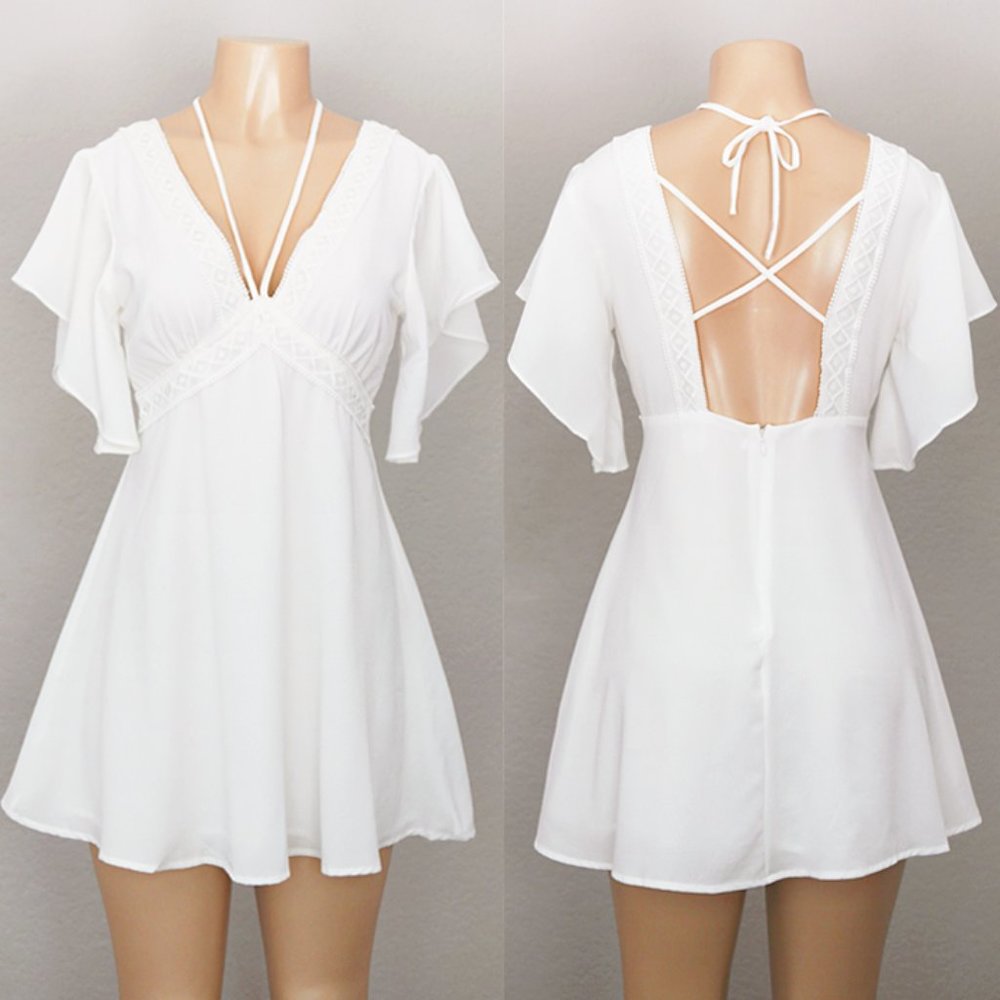 White Plunging V Neck Strappy Skater Mini Dress - Picture 6 of 8